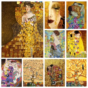 Hayat ağacı 5D Diy Elmas Boyama Tam Kare Yuvarlak Matkap Elmas Mozaik Nakış Kitleri Gustav Klimt Öpücük sanat Ev Dekor