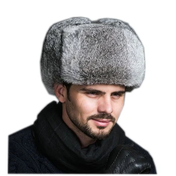 Yüksek Kaliteli erkek %100 % Gerçek Tavşan Kürk Kış Şapka Lei Feng Kulak Flepli şapka Sıcak Kar Kapaklar Rus Şapka Bombacı Kap 2019 şapka