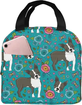 Boston Terrier Ve Çiçekler Öğle Yemeği Çantası Taşınabilir Yalıtımlı Termal yemek taşıma çantası Kutusu Kullanımlık Soğutucu Tote Çanta Erkekler Kadınlar İçin Kamp