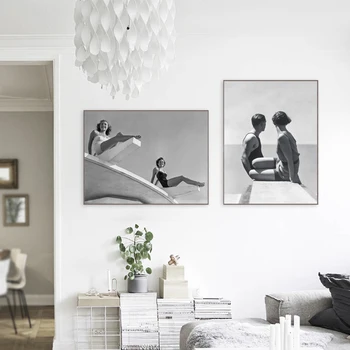 Siyah Beyaz Vintage Çift Fotoğraf Posteri Baskılar Kadın Yüzücüler Mayo Modelleme Resimleri Tuval Boyama ev duvar dekoru