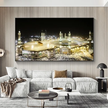 Mekke Camii Şehir Gece Görünümü Tuval Resimleri Duvar islam sanatı Posterler Ve Baskılar Müslüman Sanat Dekoratif Resimler Cuadros