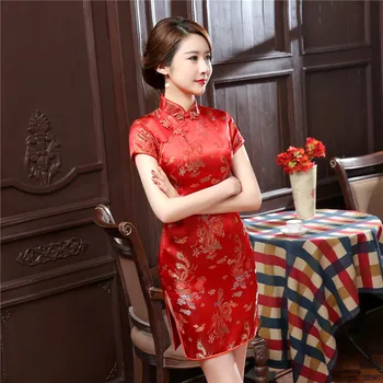 Kırmızı Yenilik Giyim Çin Kadın Elbise Seksi Kısa Saten Qipao Cheongsam Yaz Ince Zarif Elbiseler Vestido De Festa 020405