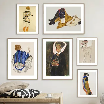 Egon Schiele Retro Çıplak Kadın Dışavurumcu duvar sanatı tuval yağlıboya İskandinav Posterler Ve Baskı Duvar Resmi Oturma Odası Dekor Için